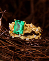 AVELINE Nature Inspired Emerald Cut Emerald Leafy Fairy Ring Set
